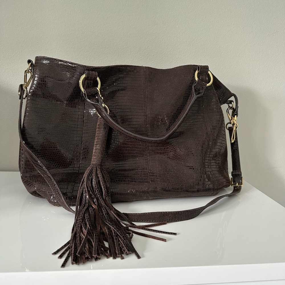 G.I.L.I. Chocolate Textured Tote with Fringe